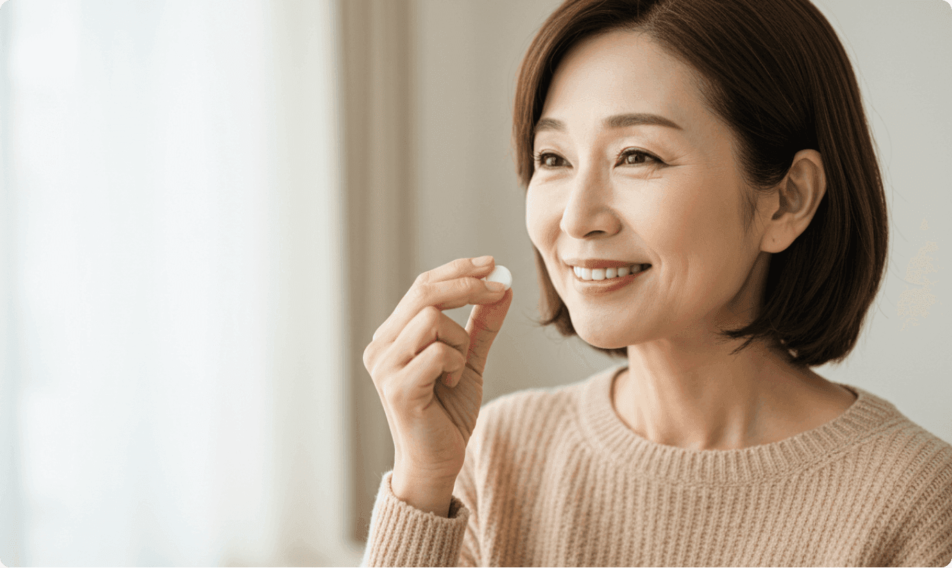 セーターを着た笑顔の日本人中年女性。白い錠剤を飲もうとしている。