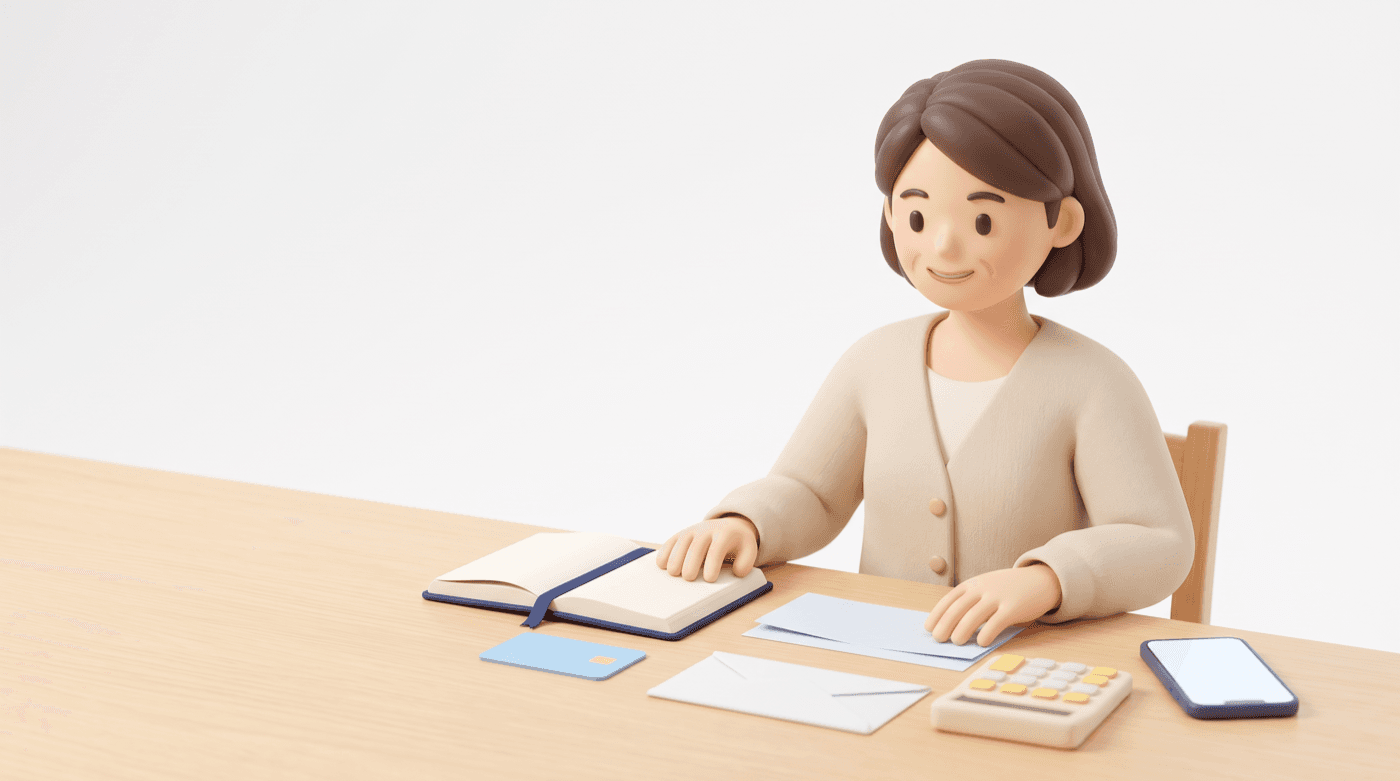 テーブルで受診の書類を整えている女性のイラスト
