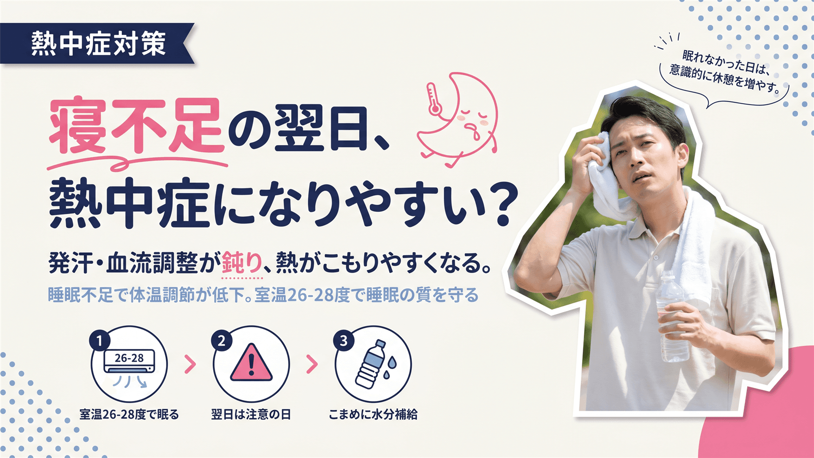睡眠不足の翌日は熱中症のリスクを高めるか?睡眠と体温調節の関係を教えてください。