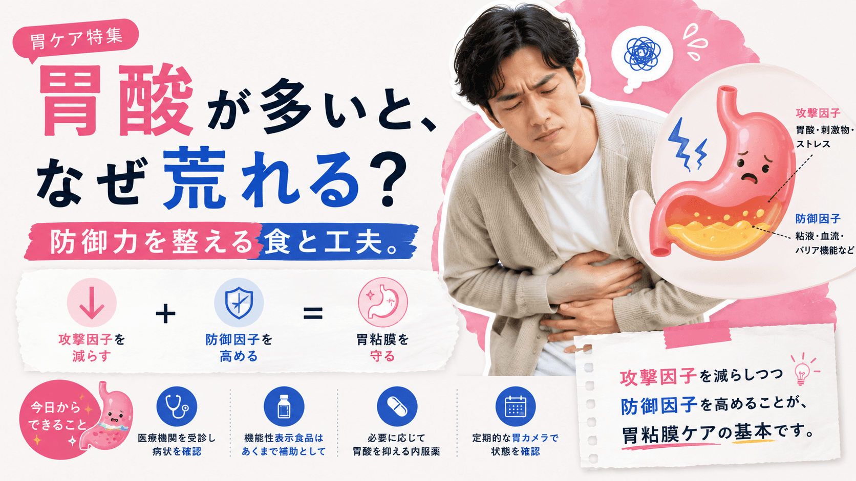 胃酸が多いと胃が荒れてしまうのは、なぜですか?機能性表示食品を上手に取り入れたいのですが、よいでしょうか?