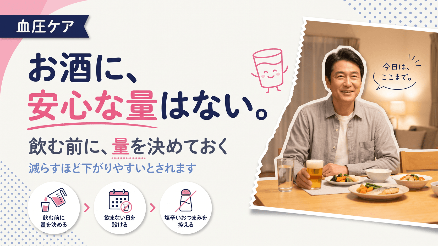 血圧が気になります。お酒はどのくらいなら飲んでいいですか?量や頻度、おつまみの選び方を教えてください。
