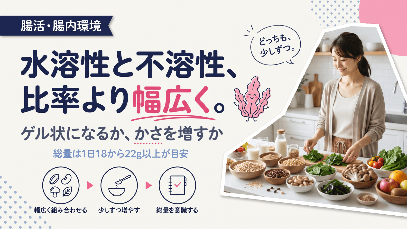 水溶性食物繊維と不溶性食物繊維は何が違いますか?摂り方の注意も教えてください。