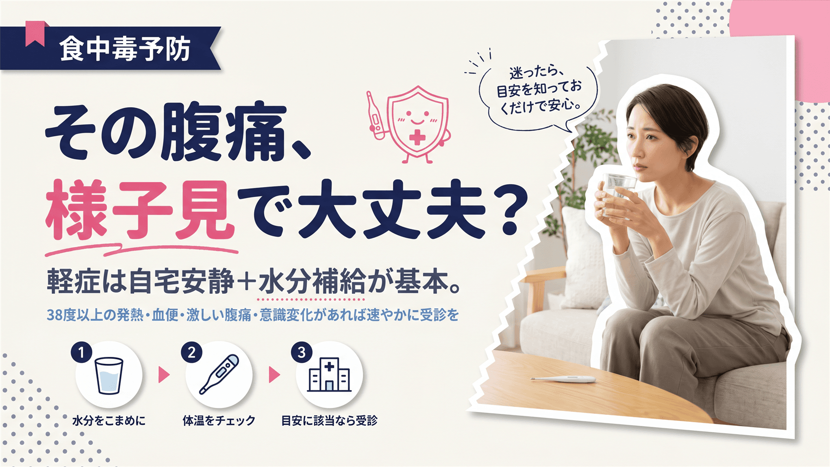 食中毒かもしれません。病院に行くべきかどうか判断する目安を教えてください。