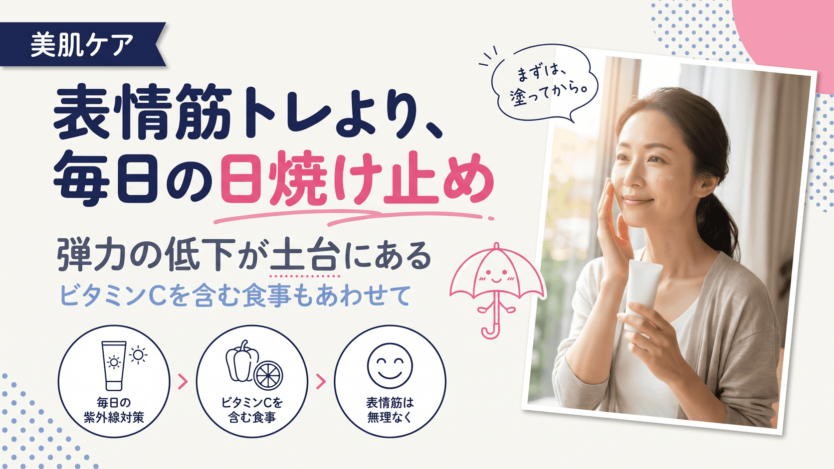 顔のたるみの原因と、表情筋・食事・紫外線予防でできるセルフケアを教えてください。