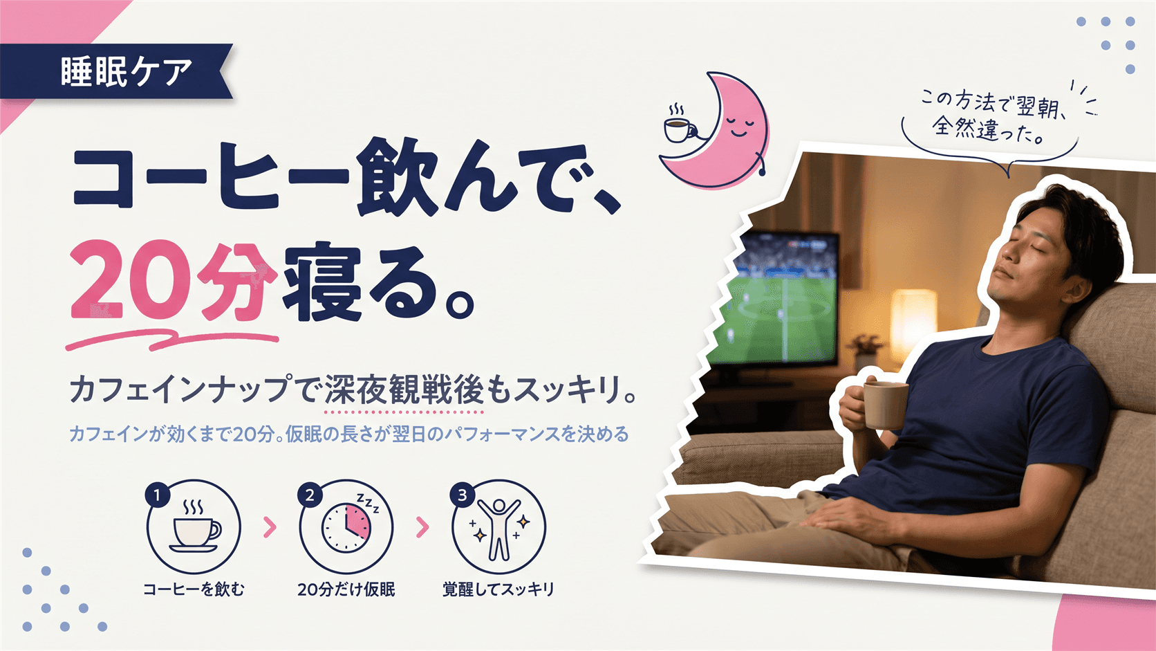 「カフェインナップ」とはなんですか?サッカーの深夜観戦でも翌日つらくならない戦略的仮眠の方法を教えてください。