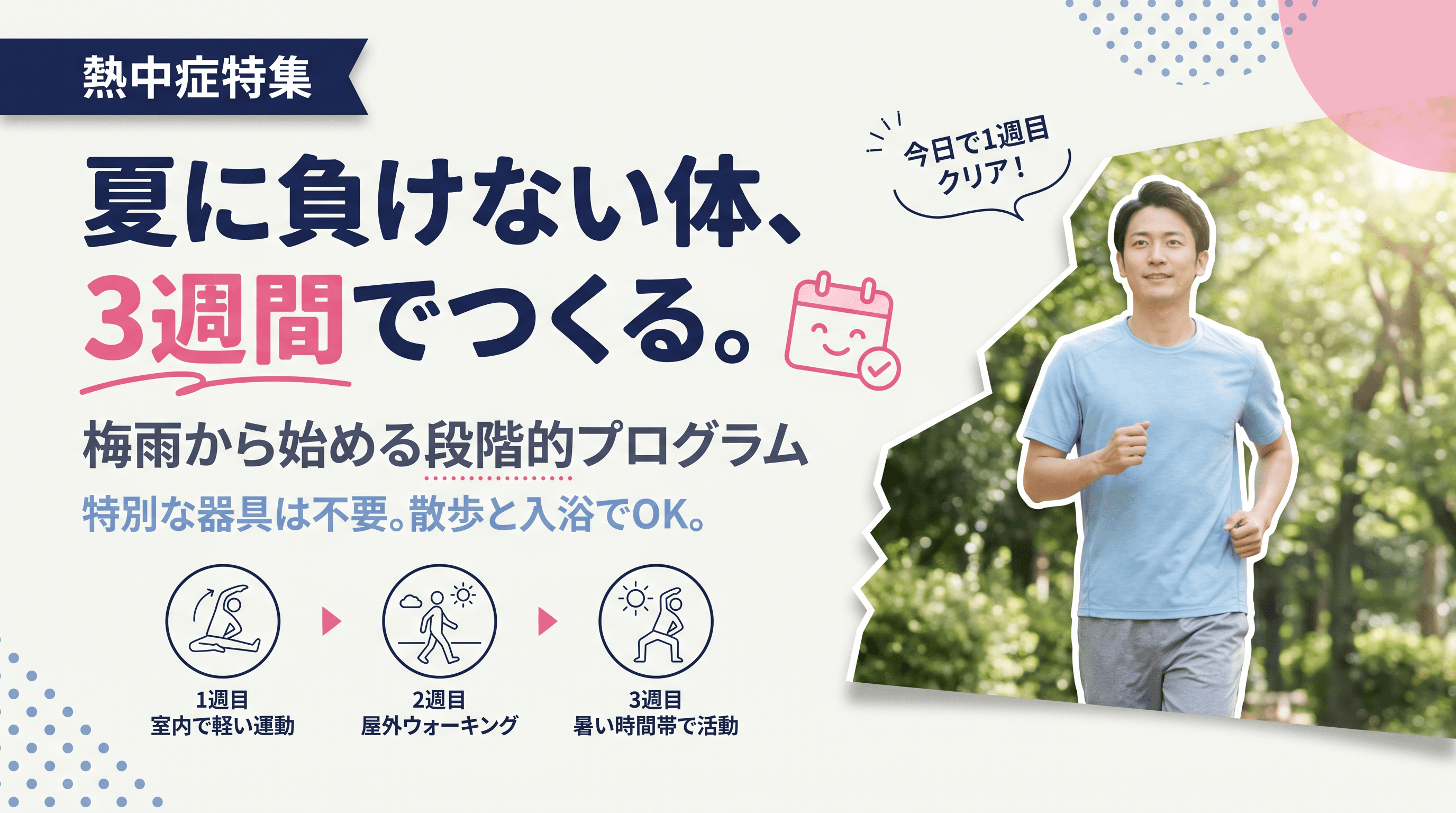 暑熱順化を効率よく進めるにはどうすればよい?3週間の段階的なプログラムを教えてください。