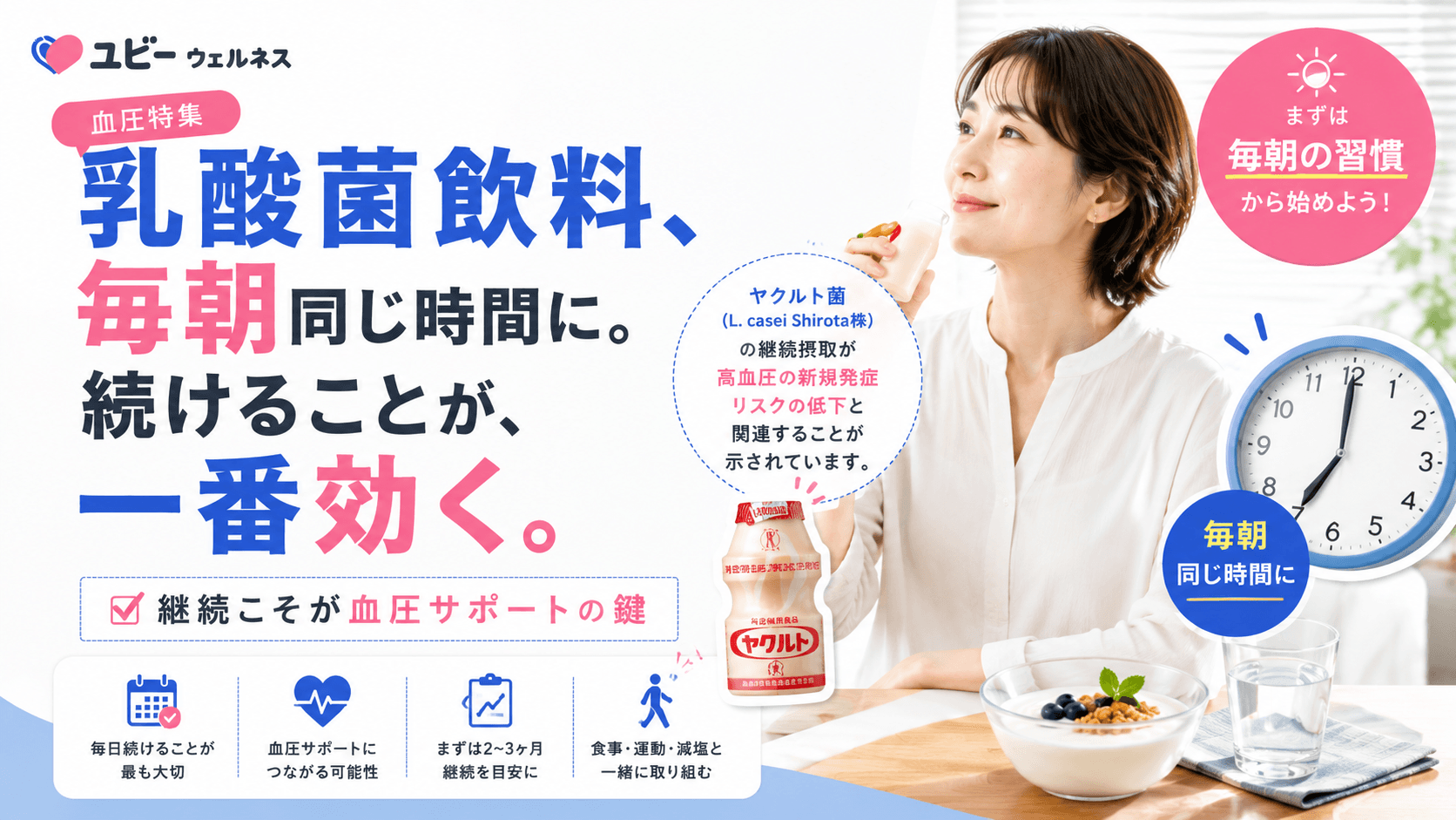 血圧が少し高めと言われました。生活習慣改善の中で、ヨーグルトや乳酸菌飲料を取り入れることを考えているのですが、飲むタイミングで何か変わりますか?