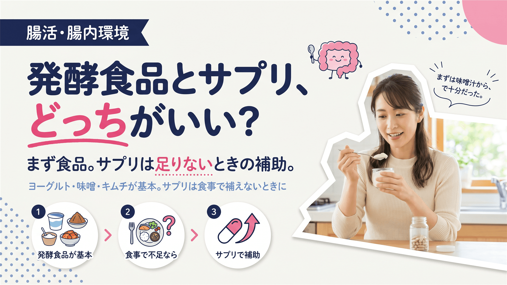 腸の善玉菌を増やすには、発酵食品とプロバイオティクスサプリのどちらがよいですか?目的別の選び方を教えてください。