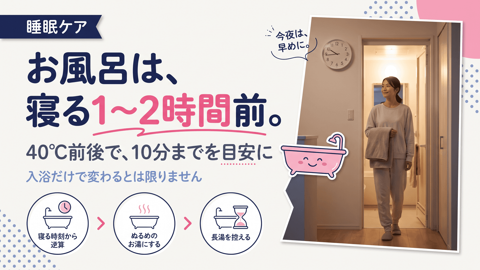 お風呂は寝る何分前に入るとよく眠れますか?入浴のタイミングとお湯の温度の目安を教えてください。